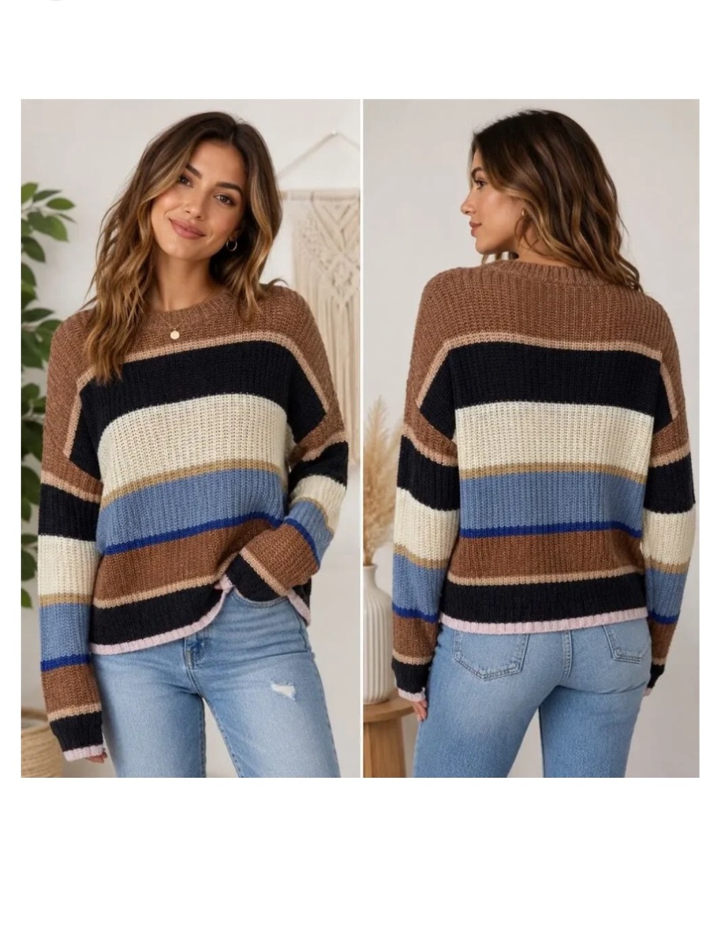 American Eagle Outfitters Brown Multi-Stripe Crewneck Sweater